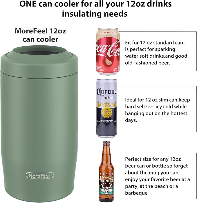 Morefeel 4-in-1 Insulated Can Cooler for 12 oz Cans & Bottles | 304 Stainless Steel Can Holder Fits 12 Oz Slim Cans, Standard Cans, Beer Bottles & Works as A Open Cup; Dishwasher Safe
