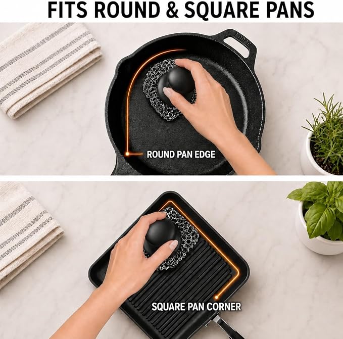 Cast Iron Scrubber and Scraper | 316 Chainmail Scrubber for Cast Iron Pan | Chain Mail Scrubber for Cast Iron Skillet Cleaner | Dishes Pots Wok Griddle Grill | Dish Scouring Pad Dishwasher Safe, Black1