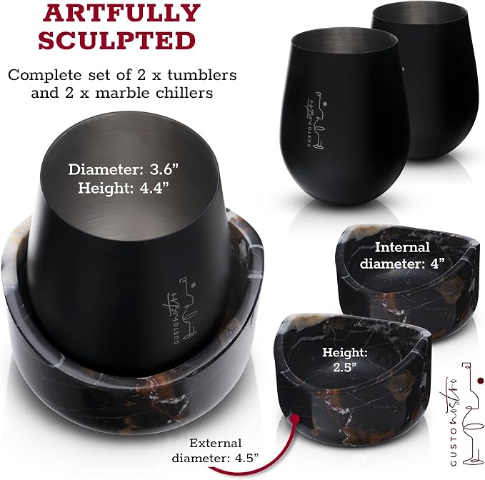 Gusto Nostro Marble Wine Chiller for Glass and Stainless Steel Tumbler Set of 2 - Wine Glass Chiller Holder for Freezer - Cool Set of Two Chillers & Stemless Wine Metal Tumblers for Home, Bar (Black)