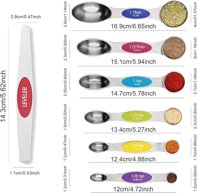 Multicolor Magnetic Measuring Spoons Set with Leveler | 7Pack, Stainless Steel, Stackable, Fits Spice Jars - For Baking Kitchen Gadgets Apartment Essentials Fits