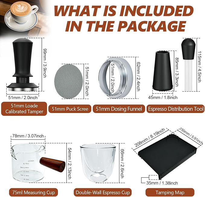 7 Pcs 51mm Espresso Accessories Kit, Spring Loaded Calibrated Tamper, WDT Tool, Coffee Measuring & Espresso Cup and Tamper Mat, Puck Screenr & Dosing Funnel, 51mm Espresso Machine Accessories