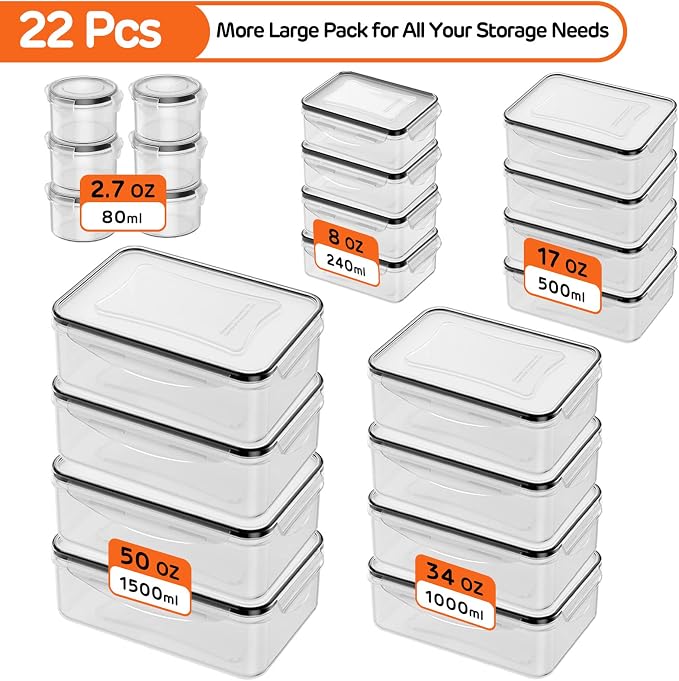 44 PCS Food Storage Container with Lid (22 Lids & 22 Containers) - Airtight Leakproof Plastic Kitchen Organization Set Reusable Microwave/Freezer/Dishwasher Safe Meal Prep Container with Label & Pen