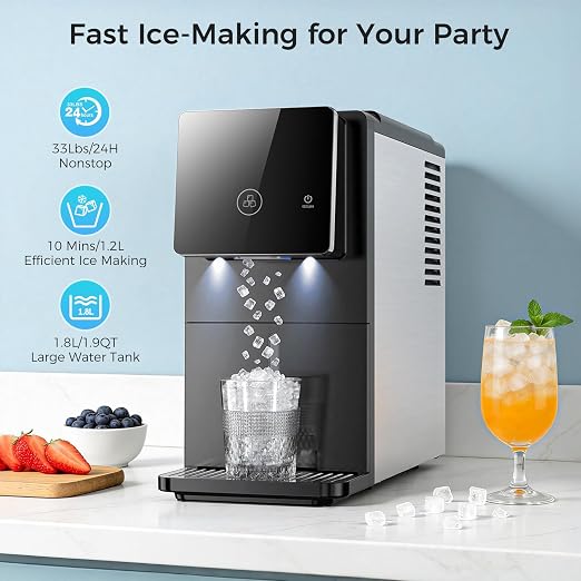 COWSAR Nugget Countertop Ice Maker, 33 lbs/Day Chewable Pellet Ice Machine with Self-Cleaning, Auto Lighting & Measured Dispensing, Portable Pebble Ice Maker for Home, Kitchen, Office, Black