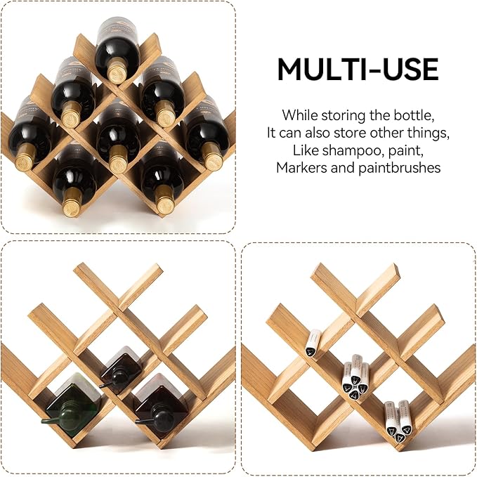 KIRIGEN Wooden Wine Rack, 8-Bottle 3-Tier Countertop Wine Holder, Natural | 16.73 x 5.91 x 11.14 In, Holds 8 Standard Wine Bottles for Cabinets, Pantry Shelves, and Kitchen Counter, Assembly Required