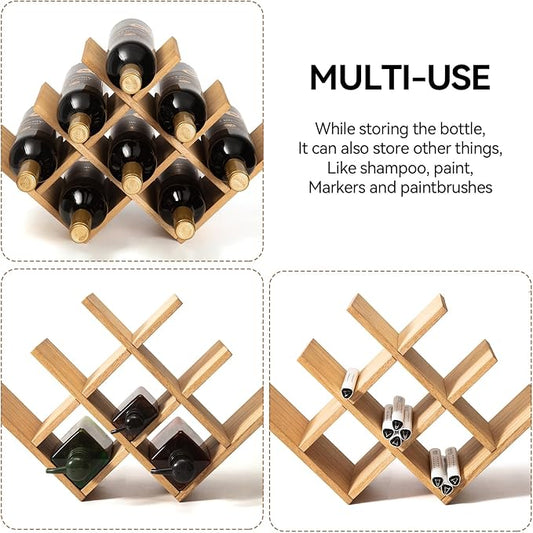 KIRIGEN Wooden Wine Rack, 8-Bottle 3-Tier Countertop Wine Holder, Natural | 16.73 x 5.91 x 11.14 In, Holds 8 Standard Wine Bottles for Cabinets, Pantry Shelves, and Kitchen Counter, Assembly Required