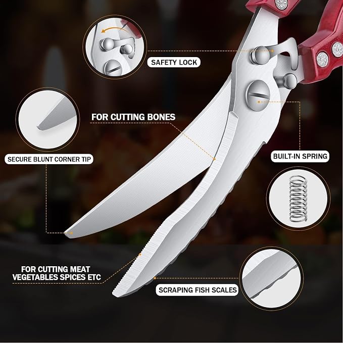 Poultry Shears Red - Heavy Duty Stainless Steel Kitchen Shears | Serrated Edge, Spring Loaded Rust Resistant, Multipurpose for Chicken Turkey Fish, Gift for Men Women