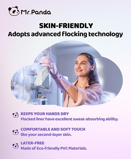 Mr.Panda Skin-Friendly Flocked Cotton Liner Cleaning Gloves Medium, Reusable Dishwashing Gloves for Washing Dishes, Kitchen, Shimmering Pink