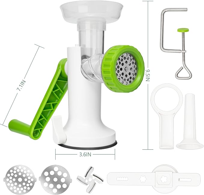Manual Meat Grinder, Heavy Duty Meat Mincer Sausage Stuffer,Hand Grinder with Stainless Steel Blades for Meat, Sausage, Cookies,Green(3 in 1, with table clamp)