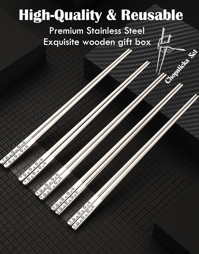 18/8 Stainless Steel Chopsticks Reusable, Cherry Blossoms, 5 Pairs | Metal,Gift Box Set,Dishwasher Safe, Square Lightweight, Non-Slip,Easy to clean