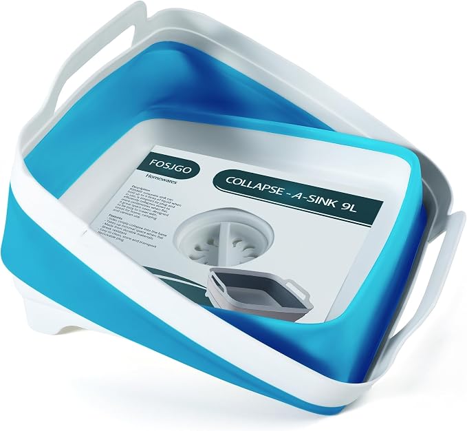 FOSJGO Collapsible Dish Basin with Drain Plug, Foldable Sink, 2.4 Gal (9L) | Space-Saving Wash Basin for Kitchen, Baby Bottles, Vegetable Washing, Camping, RV and Party Beverage Tubs