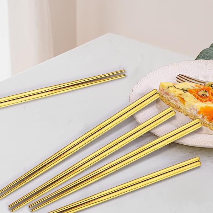 Gold Stainless Steel Chopsticks - Reusable Chopsticks - 5 Pairs Dishwasher Safe Metal Chopsticks - Easy to Use - Pressure Line Lightweight Chop Sticks- Gift Set（9 Inch ）