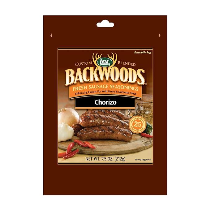 LEM Products Backwoods Chorizo Fresh Sausage Seasoning, 7.5 oz Packet | Pre-Measured Seasoning for Wild Game and Domestic Meat, Seasons Up to 25 Pounds of Meat for Homemade Sausages