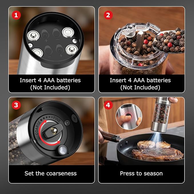 Bonsenkitchen Electric Salt and Pepper Grinder Set, 95ml Large Capacity, Clean Brush, Stainless Steel Adjustable Pepper Mill with LED for Kitchen, BBQ & Camping, Battery Powered (Not Included)