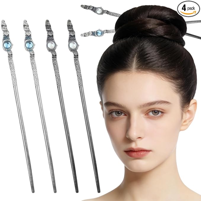 4 Pack Moonstone Hair Sticks for Bun Metal Shinny Moonstone Hair Fork Hairpin Chinese Style Hair Chopsticks Elegant Vintage Hair Accessories for Women Girls Long Hair