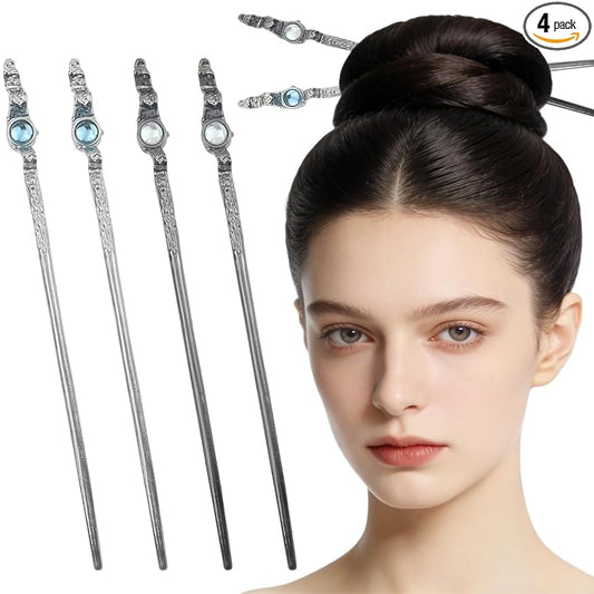 4 Pack Moonstone Hair Sticks for Bun Metal Shinny Moonstone Hair Fork Hairpin Chinese Style Hair Chopsticks Elegant Vintage Hair Accessories for Women Girls Long Hair