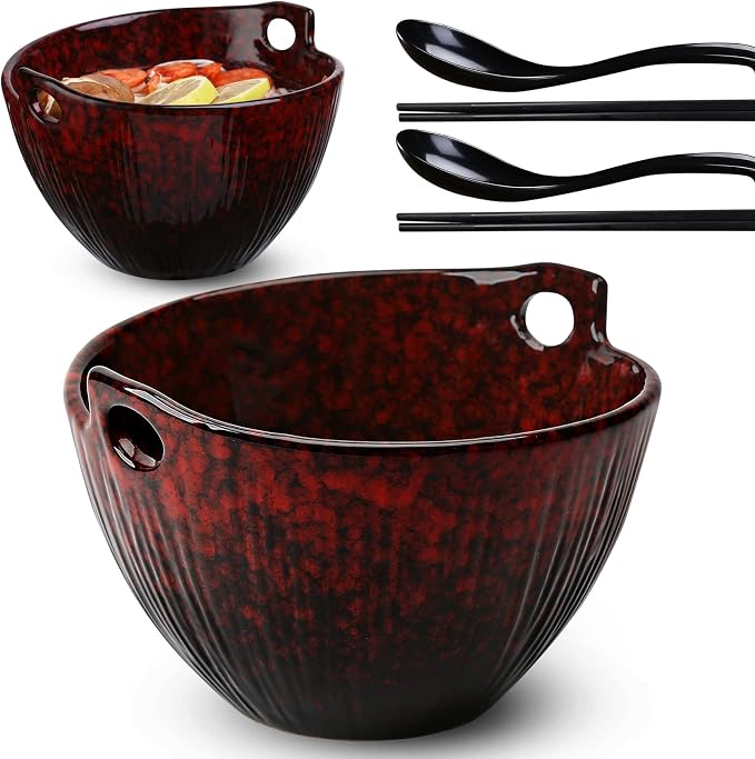 Ramen Bowl Set with Chopsticks and Spoons, Ceramic Noodle Bowl Set of 2, Donburi Bowl, Dishwasher Safe for Pho Udon Soba Noodle Salad Pasta, Special Reactive Glazed Crimson Bowls Set