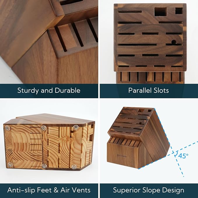 KITCHENDAO 25 Slot Acacia Wood Knife Block without Knives, Large Universal Knife Holder for Kitchen, Holding Multiple Types of Knives, Countertop Butcher Block Knife Stand for Easy Kitchen Storage