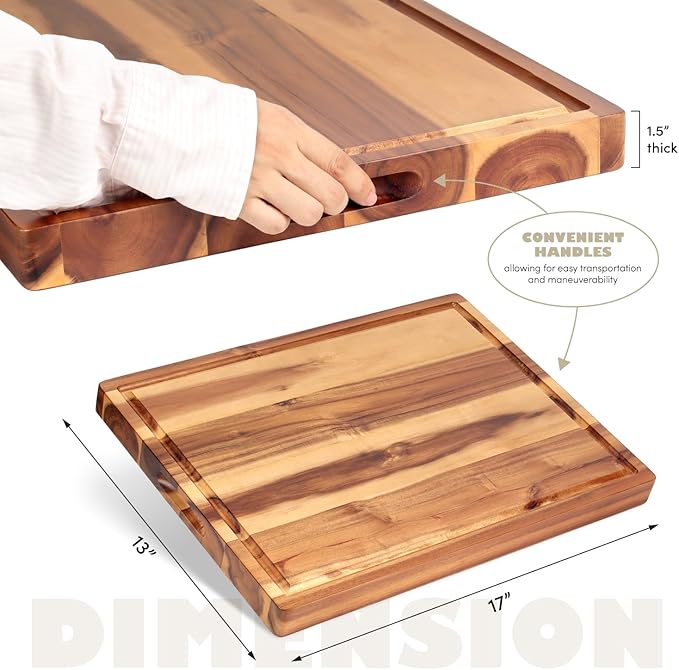 Acacia Wood Cutting Board (17x13x1.5in) and Wooden Butcher Block, Chopping Board - Reversible Multipurpose For Meat, Cheese Board, Vegetables, Bread...with Juice Groove, Cracker Holder & Inner Handles