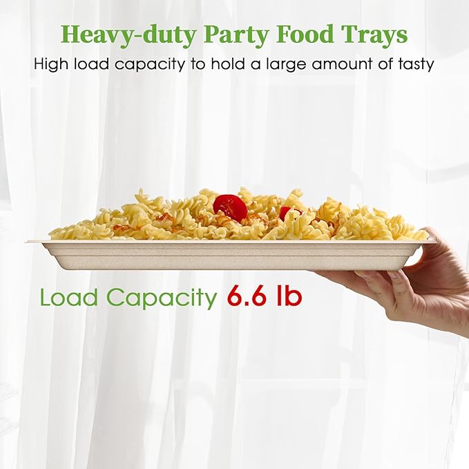 ECOLipak 100 Pack 14 Inch Disposable Food Crawfish Trays, Compostable Large Paper Plates, Disposable Thanksgiving Trays for Serving Food, Turkey, BBQ, Seafood Boil Party Supplies(Nature)