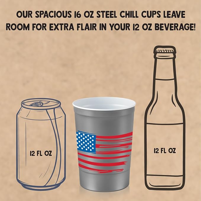 Steel Chill Cups 16 oz. Reusable Party Cups America the Beautiful, 12 Count | Made in USA from Steel these durable cups chill fast & keep your drink cold for longer, 100% recyclable for sustainablity