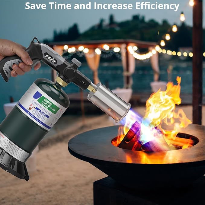 Sondiko Powerful Propane Torch with Gas Cylinder Stand Base, Grill Torch | Cooking Torch, Sous Vide, Campfire Starter, Adjustable Torch Gun for Searing Steak, BBQ, Welding, Propane Tank Not Included