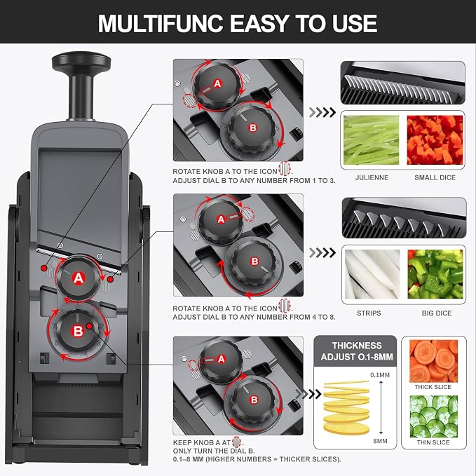 SupMaKin 8 IN 1 Upgraded Safe Mandoline Slicer,Multi Vegetable Chopper,Potato Slicer, Onion Chopper with Drain Basket Storage Container, Cheese Grater Kitchen Chopping Artifact (Black)