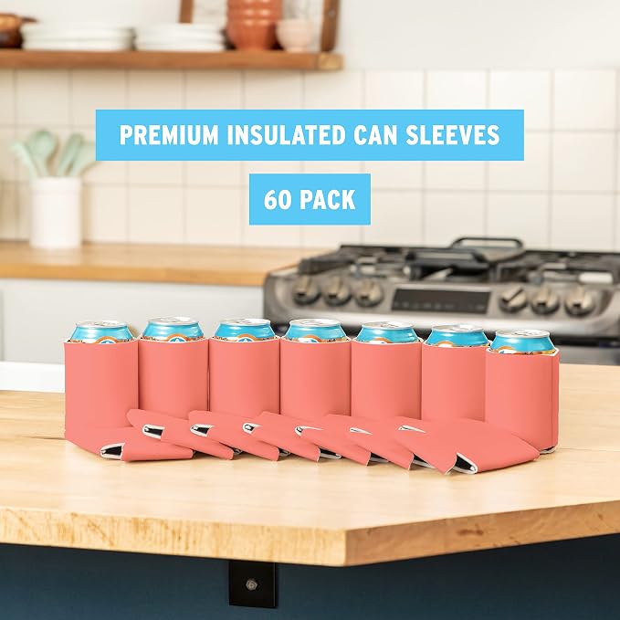 Blank Beer Can Cooler Sleeves (60-Pack) Soft Insulated Beer Can Coolies - HTV Friendly Blank Koolies in Bulk for Beer Cans & Bottles - Coolie Blanks for Vinyl Projects & Wedding Favors (Coral)