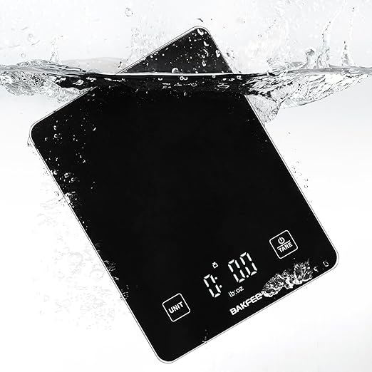 Waterproof Kitchen Food Scale, 1g/22lb, IP67, Rechargeable, Black | Premium Tempered Glass, Clear LED Display, with 6 Units, Tare, Ideal for Baking, Cooking, Making Sourdough Bread