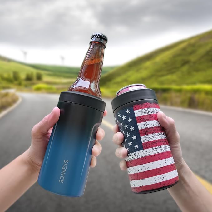 Universal Can Cooler - Signice 3 in 1 Insulated 12 oz Beer Can Insulator Stainless Steel Metal Holder for 12oz Slim Skinny Tall Standard Cans Bottle Hard Seltzer Soda Energy Drinks (Dark Navy)