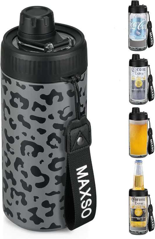 MAXSO Sealed Can Cooler Fizz Lid Can Cover for 12 oz Regular, Slim Skinny Cans & As Thermal Bottle, 4-in-1 Insulated Vacuum Stainless Steel Carbonated Cold Drink Holder - Black Leopard