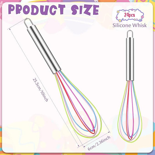 Domensi 24 Pcs 10 Inch Whisks Bulk for Cooking Silicone Whisks Non Scratch Stainless Steel Egg Beater Colorful Coated Metal Heat Resistant Egg Beaters for Mothers Day Party Favor Gift Supplies