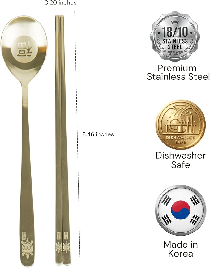 ONGI Korean Spoon and Chopsticks Set, Flat Korean Chopsticks, Premium 18/10 Stainless Steel, Turtle Symbol Design, Made in Korea, Dishwasher Safe, Meaningful Korean Gift (TT Gold 1 Set)