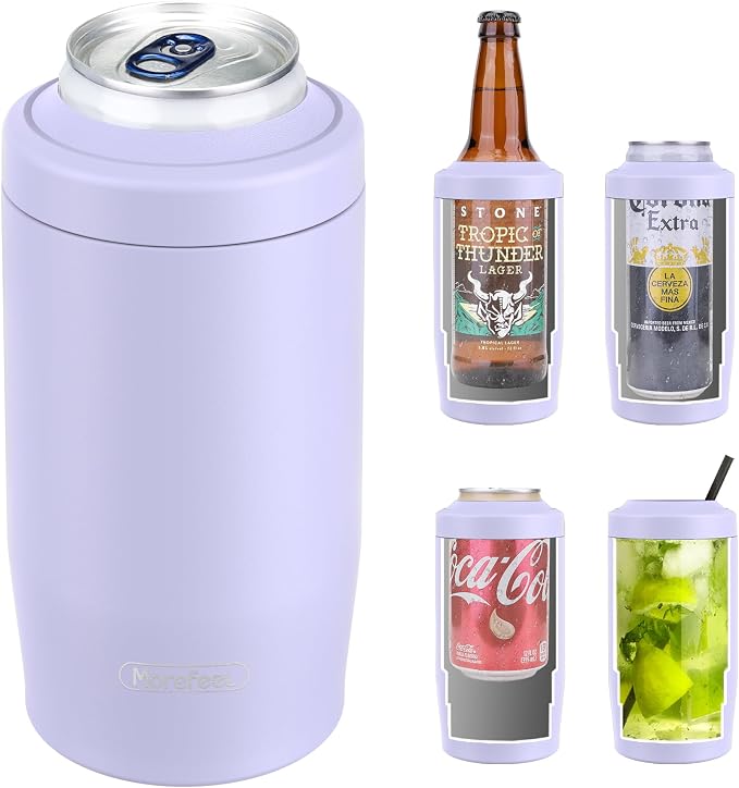 Morefeel 4-in-1 Insulated Can Cooler for 12 oz Cans & Bottles | 304 Stainless Steel Can Holder Fits 12 Oz Slim Cans, Standard Cans, Beer Bottles & Works as A Open Cup; Dishwasher Safe