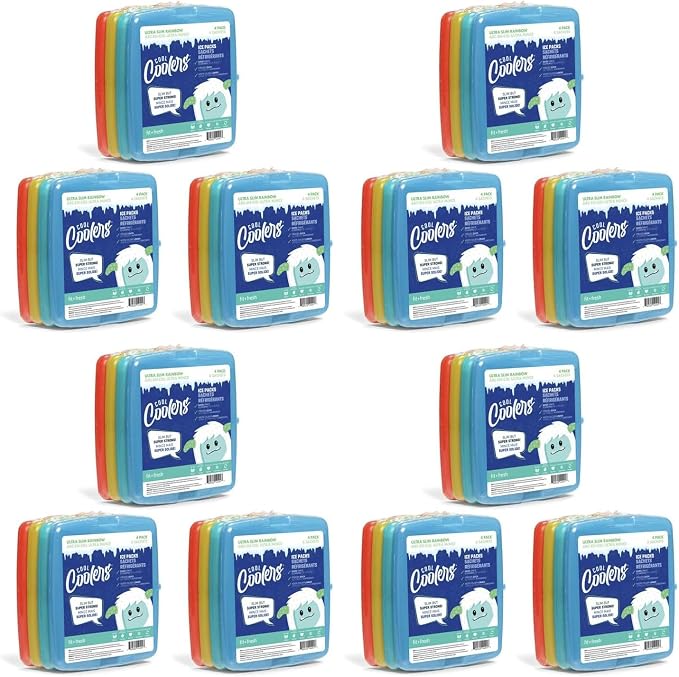 Cool Coolers by Fit + Fresh, 4 Pack Slim Ice Packs, Space Saving Reusable Ice Packs for Lunch Boxes or Coolers
