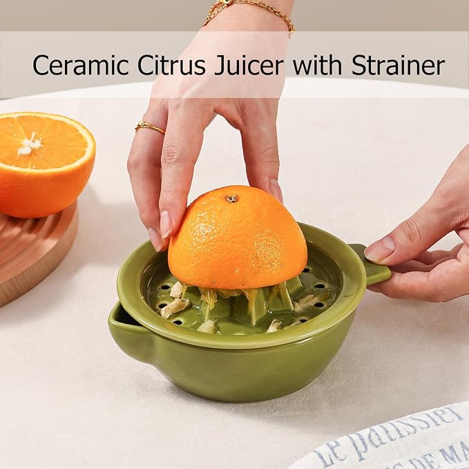 Ceramic Citrus Lemon Orange Juicer Manual Squeezer, Hand Juicer Reamer | Rotation Press with Strainer Lid, Spout, Handle, Dishwasher Safe, Easy to Clean