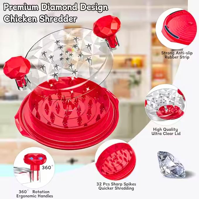 Chicken Shredder Tool Twist Large 10 Inch - Manual Chicken Breast Shredder, Clear Lid Meat Shredder Tool for Pork Beef, Non Slip Base, Easy Clean Dishwasher Safe (Cherry Red)
