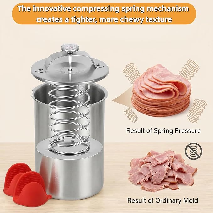 Deli Meat Press Stainless Steel with Thermometer, Lunch Meat Press Mold, Ham Maker Meat Press Tool, with 20 Cooking Bags + 2 anti-scalding clips, for Making Sandwich (Deli Meat Press Set)