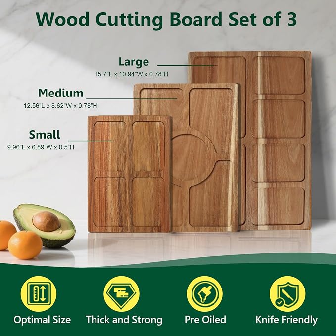 3 PCS Acacia Wood Cutting Boards for Kitchen With Wooden Storage Stand | Thick Chopping Boards, Deep Juice Grooves, Grip Handle, Non-slip Heavy Duty Charcuterie Board for Meat, Cheese and Vegetables