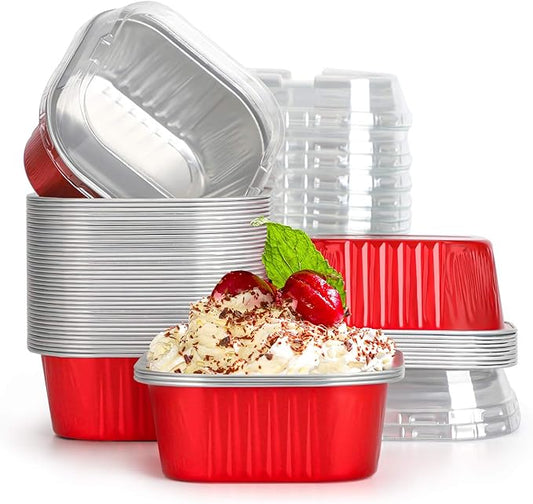 EUSOAR Disposable Ramekins with lids, 10oz 50pcs Square Baking Cups with Lids, 300ml Muffin Liners Snacks Desserts Flan, Pie Ramekin, Recyclable Catering Gathering Wedding Party Favor Baking Cups-Red