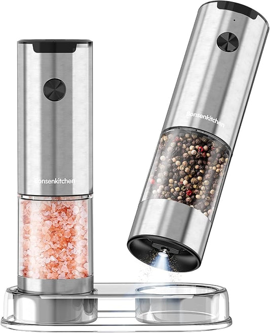 Bonsenkitchen Electric Salt and Pepper Grinder Set, 95ml Large Capacity, Clean Brush, Stainless Steel Adjustable Pepper Mill with LED for Kitchen, BBQ & Camping, Battery Powered (Not Included)