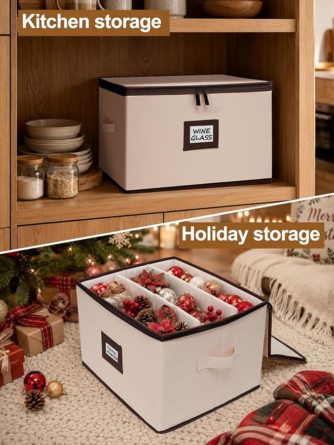 punemi Wine Glass Storage Box, 2-Pack Hard Shell Case with Padded Dividers | Hard shell support with dustproof lid and padded dividers, stackable for wine glasses, stemware and goblets, beige Set of 12