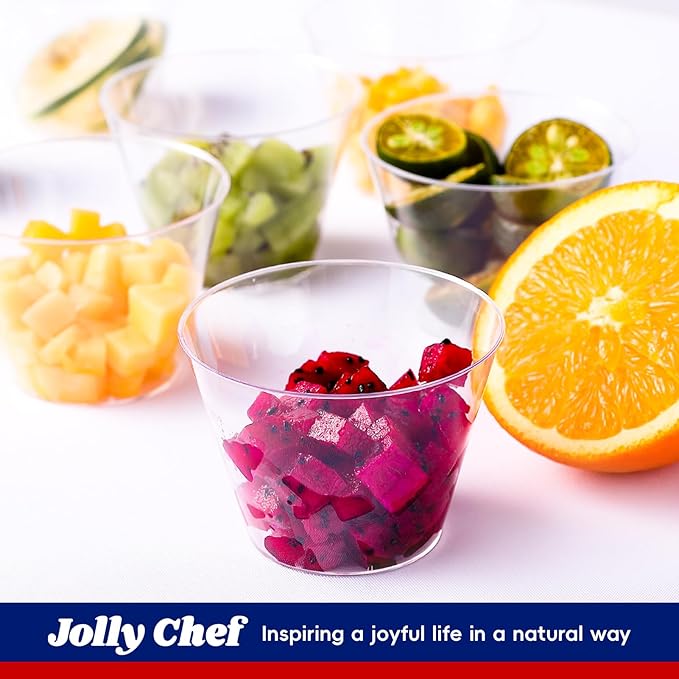 JOLLY CHEF 5 oz 100 Pack Small Clear Disposable Cups, Disposable Plastic Shot Glasses for Parties, Plastic Cocktail Glasses Wedding Tumblers, Perfect for Halloween Thanksgiving Christmas