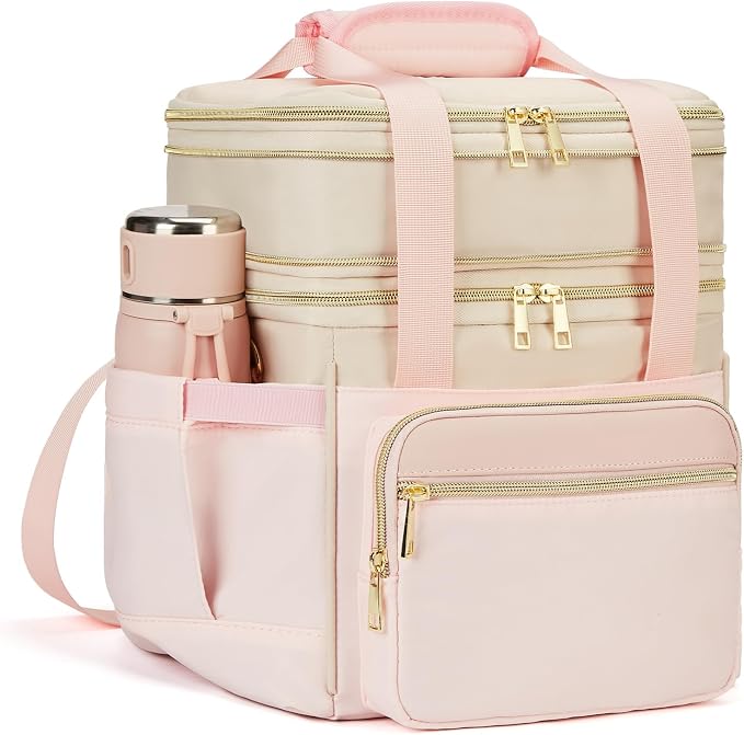 holuxer Insulated Lunch Bag & Lunch Box for Women - Double Deck Reusable Lunch Bag for men Tote Cooler Bag Leakproof Soft Expandable - Large Lunchbox for Work/Adult/Picnic/Outdoor (Pink，15L)