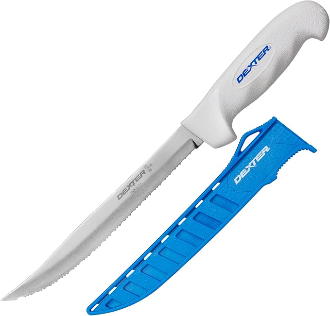 Dexter Outdoors SOFGRIP 8" Tiger Edge Scalloped Knife with Edge Guard | Tiger edge scalloped American stainless blade for tough cuts. Corrosion resistant, soft non-slip grip, edge guard included.