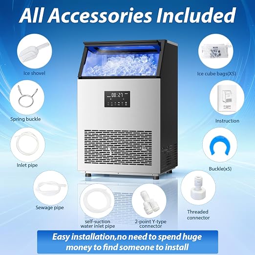 Commercial Ice Maker Machine, 150lbs/24H Stainless Steel Under Counter ice Machine with 55 Ice Cubes, Self-Priming Gallon Water& Facuet Water Inlet, Self Clean,45LB Storage Bin for Bar, Garage, Home