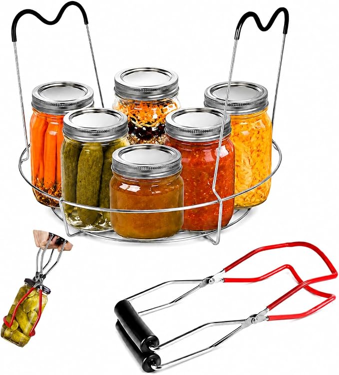 12in Stainless Steel Canning Rack with Contour Handles, Holds 7 Pint or 6 Quart Jars in Pressure Canner Pot