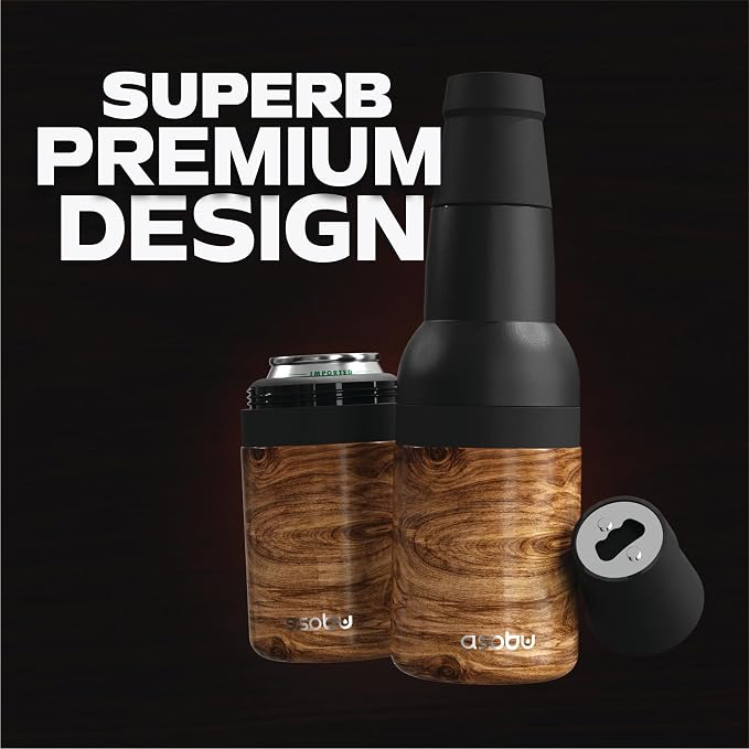 Asobu Frosty Beer Holder 2 Go Vacuum Insulated Double Walled Stainless Steel Beer Can and Bottle Cooler with Beer Opener, Bpa Free, Fits Standard 12oz Bottles, Gift for Beer Lovers (Natural Wood)