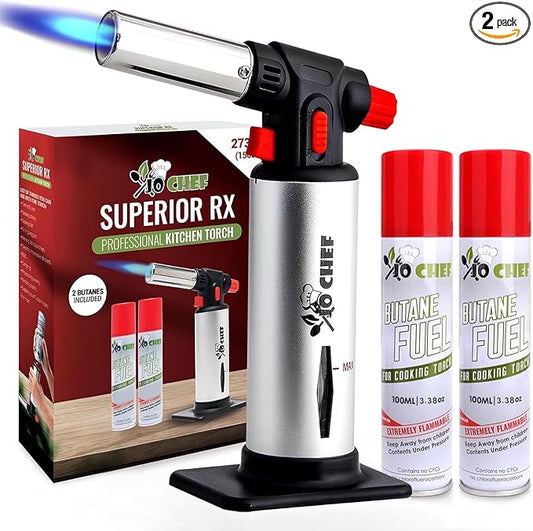 Jo Chef Kitchen Torch with Butane Included – Refillable butane torch Lighter with Safety Lock & Adjustable Flame, Culinary Blow Torch for Cooking, Creme Brulee and Soldering 2 Cans (3.38oz) Included
