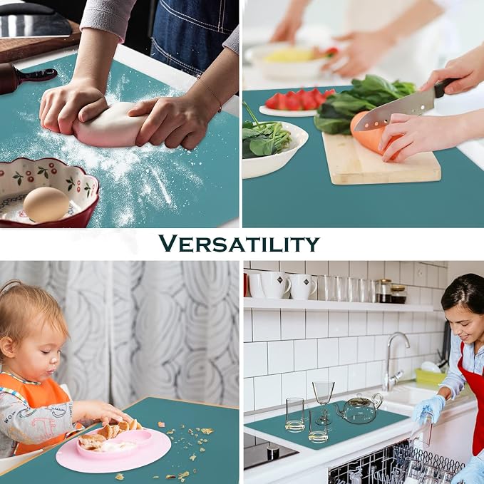 Extra Large Dark Green Countertop Mat - Silicone Table Kitchen Desk Mat - Non-Slip & Heat Resistant - Dinner Placemat Pastry Dough Rolling Mat