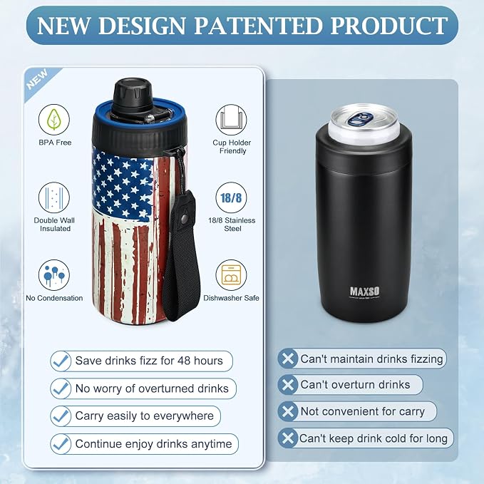 MAXSO Sealed Can Cooler Fizz Lid Can Cover for 12 oz Regular, Slim Skinny Cans & As Thermal Bottle, 4-in-1 Insulated Vacuum Stainless Steel Carbonated Cold Drink Holder - Stripe Flag